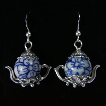 Beaded gold and blue teapot earrings